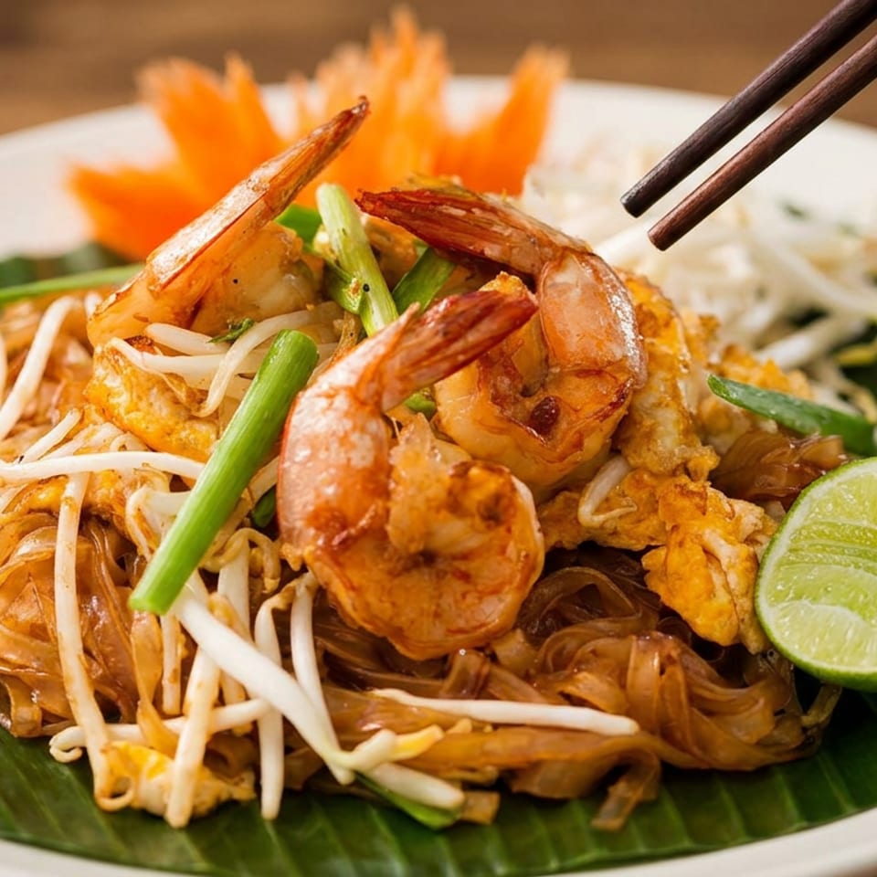 Pad Thai with shrimp, bean sprouts, green onions, lime, and chopsticks served on a banana leaf-lined plate.