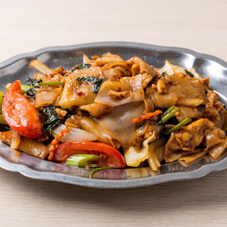 Stir-fried wide rice noodles with chicken, vegetables, chilies, and basil served on a metal platter.