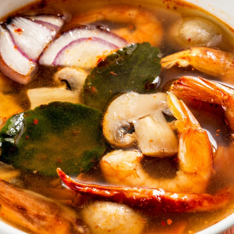 Bowl of spicy Thai tom yum soup with shrimp, mushrooms, onions, kaffir lime leaves, and dried chilies.