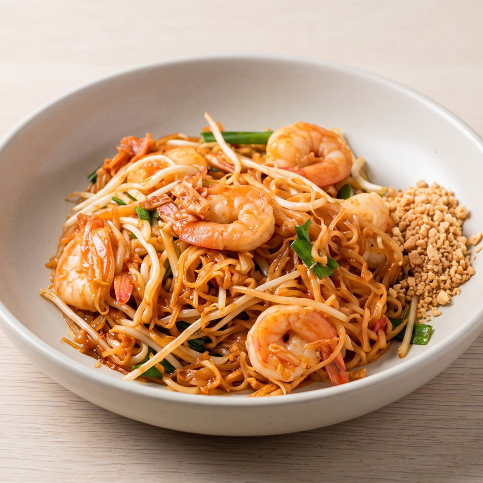 Plate of shrimp pad Thai noodles with bean sprouts, green onions, and crushed peanuts on a wooden table