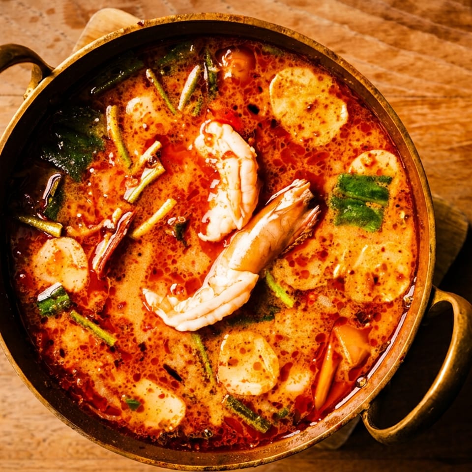 Overhead view of spicy red curry soup with shrimp, mushrooms, herbs, and vegetables in a handled bowl on a wooden table.
