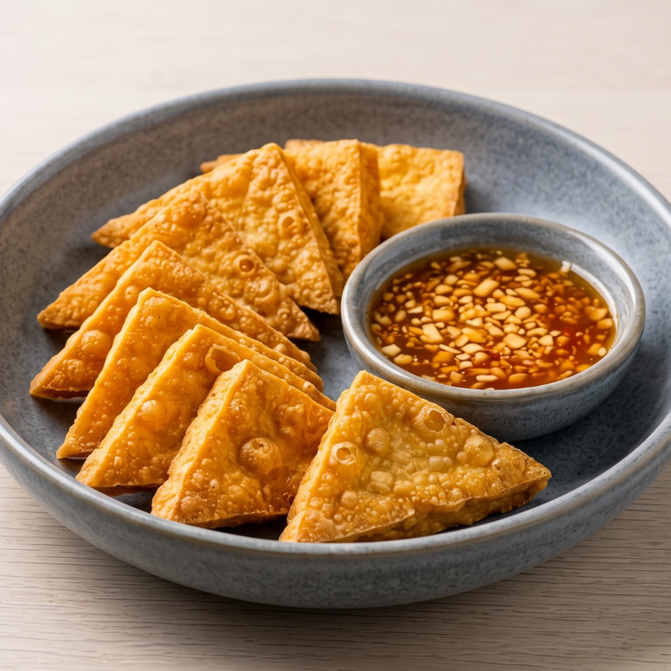Golden fried triangular pastries served with a bowl of nut-studded dipping sauce on a dark ceramic plate.