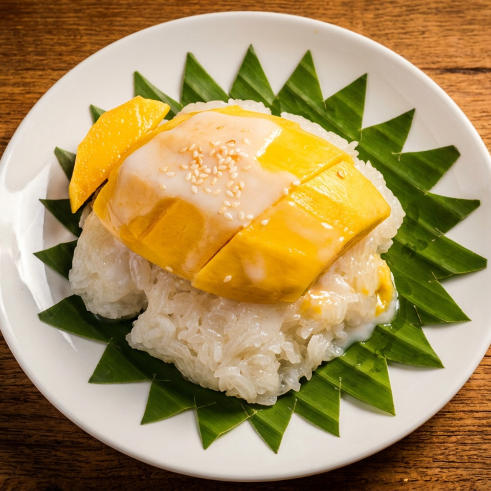 Sticky rice topped with glossy yellow mango slices and sesame seeds, arranged on green leaves over a white plate.
