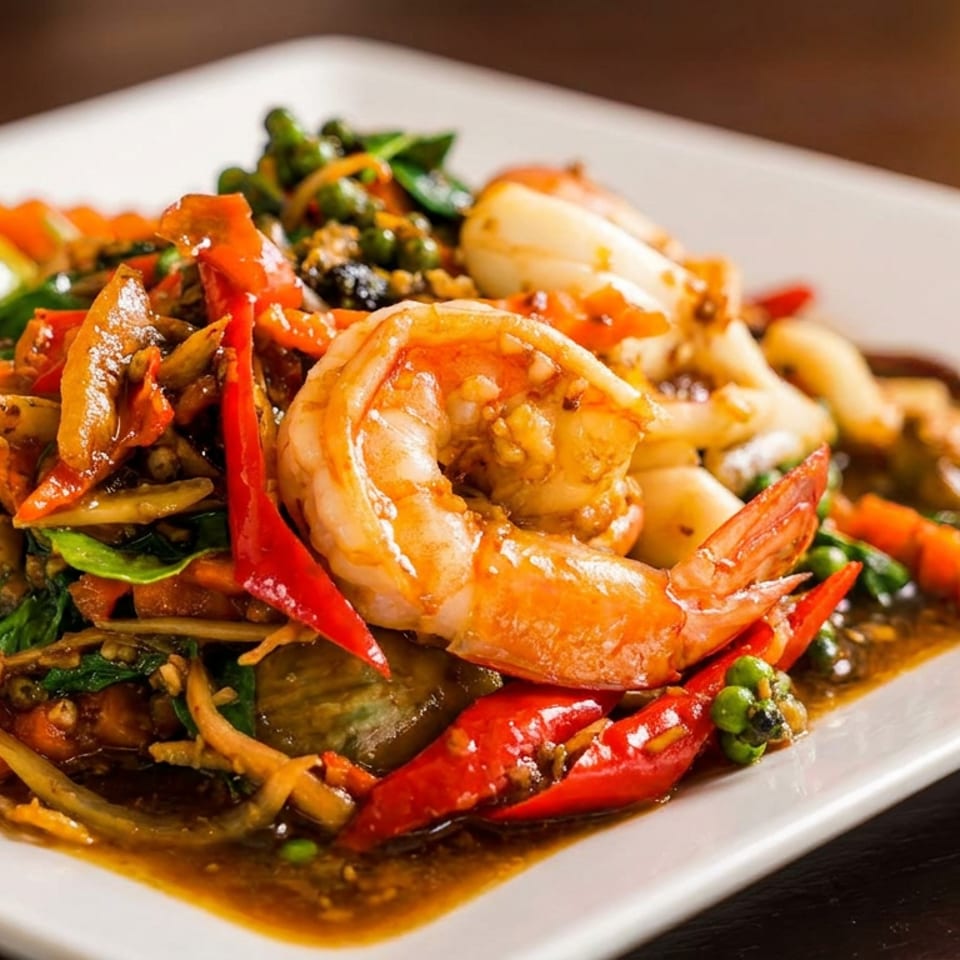 Plate of shrimp and mixed vegetables stir-fried in savory sauce, garnished with red peppers and served on a white platter.