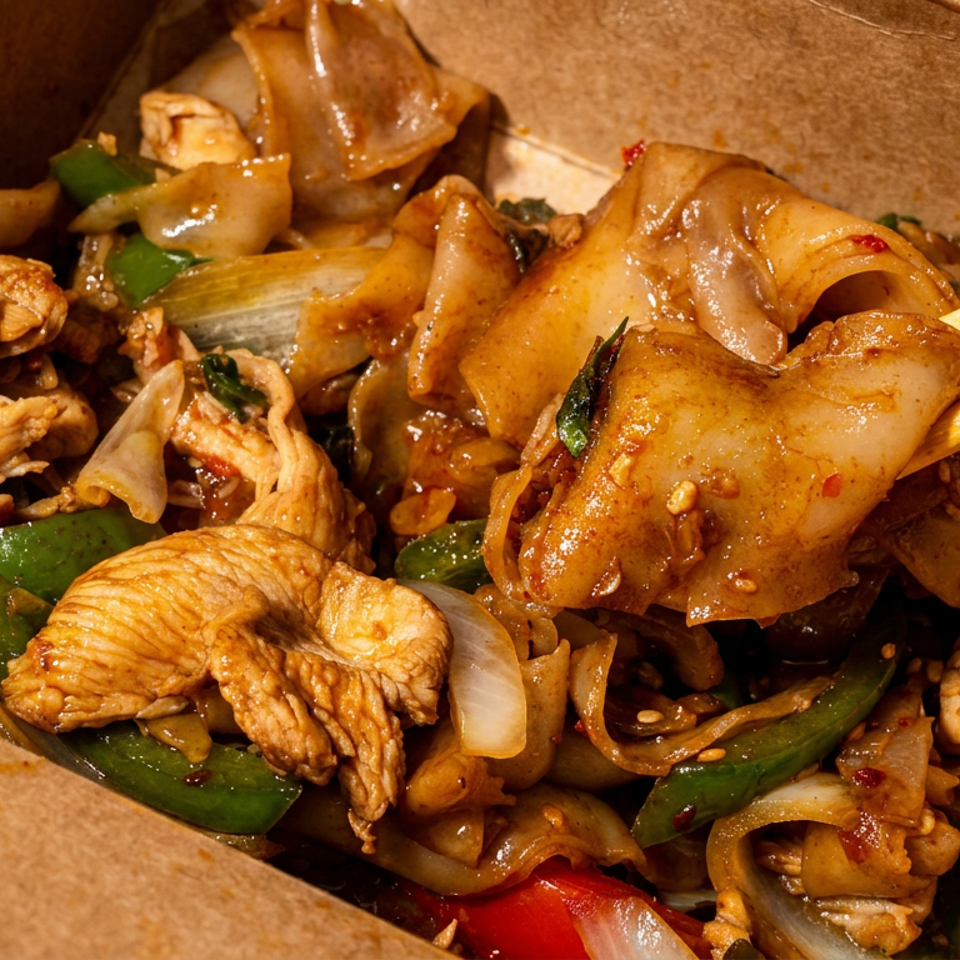 Saucy stir-fried noodles with chicken, vegetables, and mushrooms in a takeout box, lifted with chopsticks.